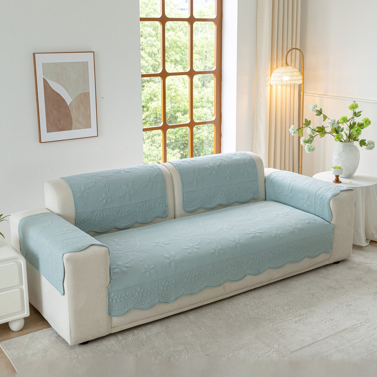 Floral Cotton Quilted Sofa Cover, Non-Slip Couch Protector with Scalloped Edges