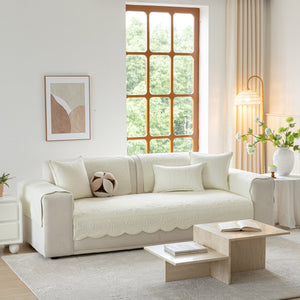 Floral Cotton Quilted Sofa Cover, Non-Slip Couch Protector with Scalloped Edges