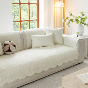 Floral Cotton Quilted Sofa Cover, Non-Slip Couch Protector with Scalloped Edges