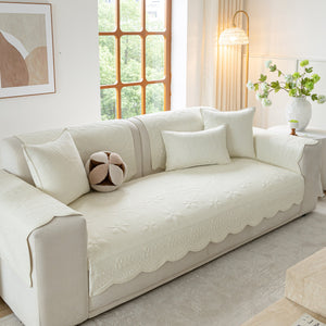 Floral Cotton Quilted Sofa Cover, Non-Slip Couch Protector with Scalloped Edges