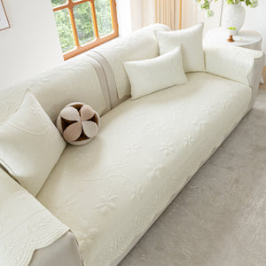 Floral Cotton Quilted Sofa Cover, Non-Slip Couch Protector with Scalloped Edges