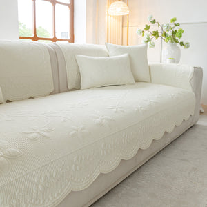 Floral Cotton Quilted Sofa Cover, Non-Slip Couch Protector with Scalloped Edges