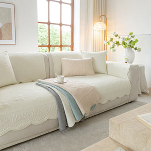 Floral Cotton Quilted Sofa Cover, Non-Slip Couch Protector with Scalloped Edges