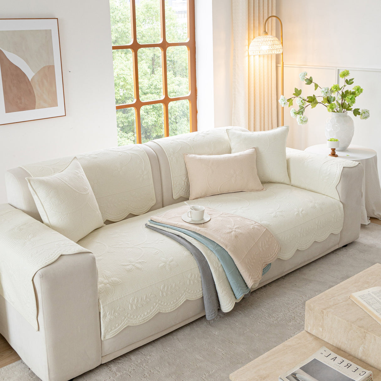 Floral Cotton Quilted Sofa Cover, Non-Slip Couch Protector with Scalloped Edges