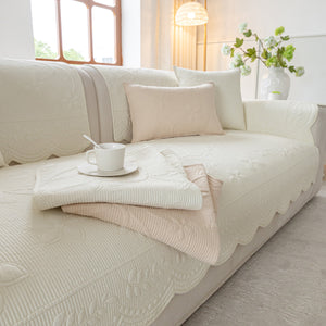 Floral Cotton Quilted Sofa Cover, Non-Slip Couch Protector with Scalloped Edges