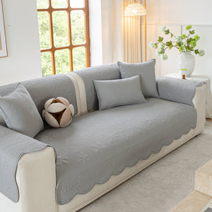 Floral Cotton Quilted Sofa Cover, Non-Slip Couch Protector with Scalloped Edges