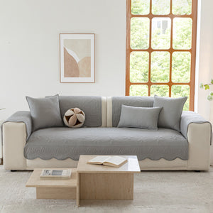 Floral Cotton Quilted Sofa Cover, Non-Slip Couch Protector with Scalloped Edges