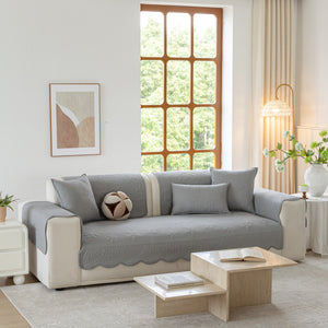 Floral Cotton Quilted Sofa Cover, Non-Slip Couch Protector with Scalloped Edges