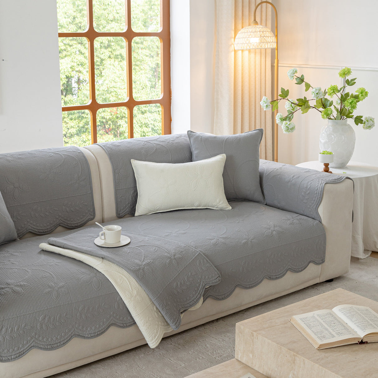 Floral Cotton Quilted Sofa Cover, Non-Slip Couch Protector with Scalloped Edges