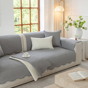 Floral Cotton Quilted Sofa Cover, Non-Slip Couch Protector with Scalloped Edges