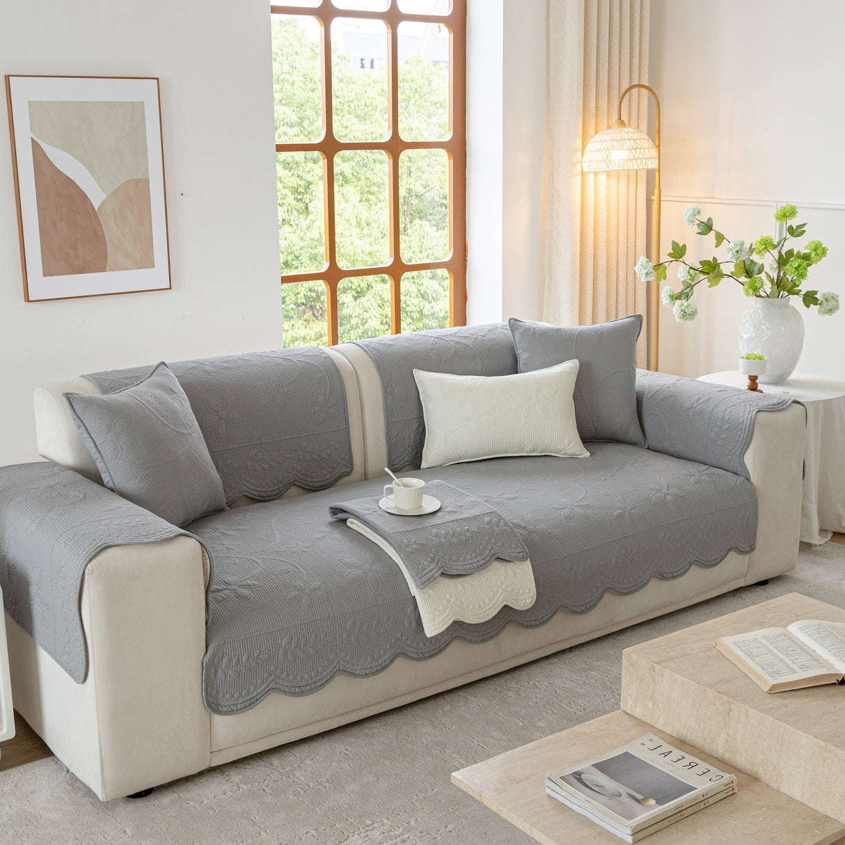 Floral Cotton Quilted Sofa Cover, Non-Slip Couch Protector with Scalloped Edges