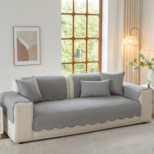 Floral Cotton Quilted Sofa Cover, Non-Slip Couch Protector with Scalloped Edges