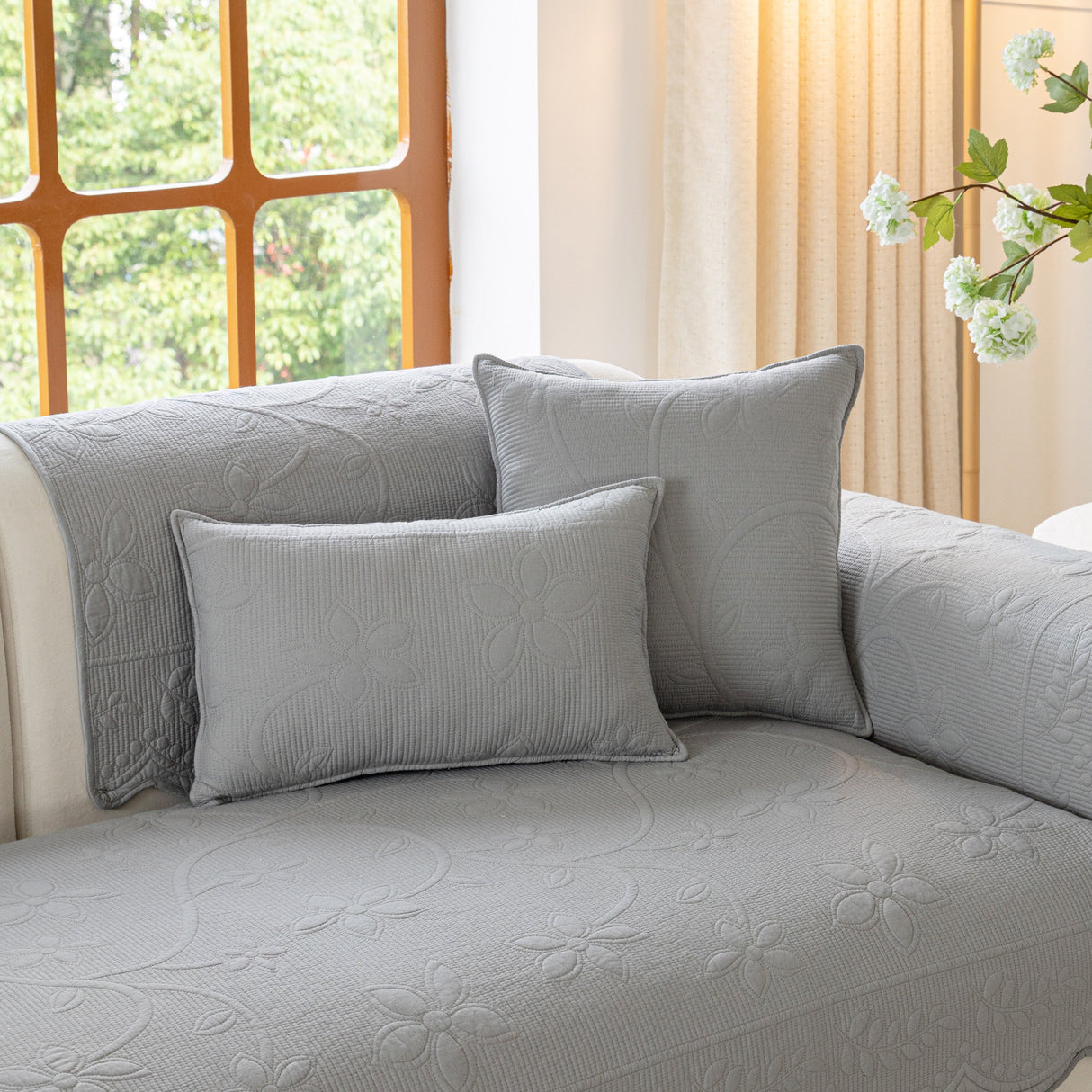 Floral Cotton Quilted Sofa Cover, Non-Slip Couch Protector with Scalloped Edges