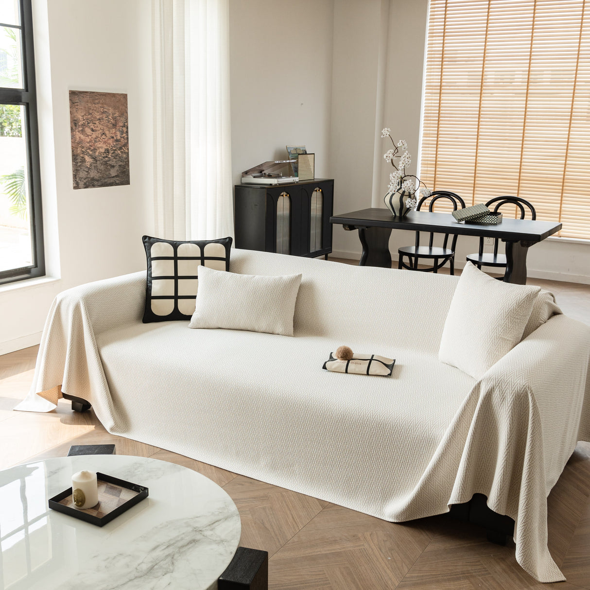 Herringbone Textured Sofa Throw Blanket, Durable Pet Friendly Modern Couch Slipcover