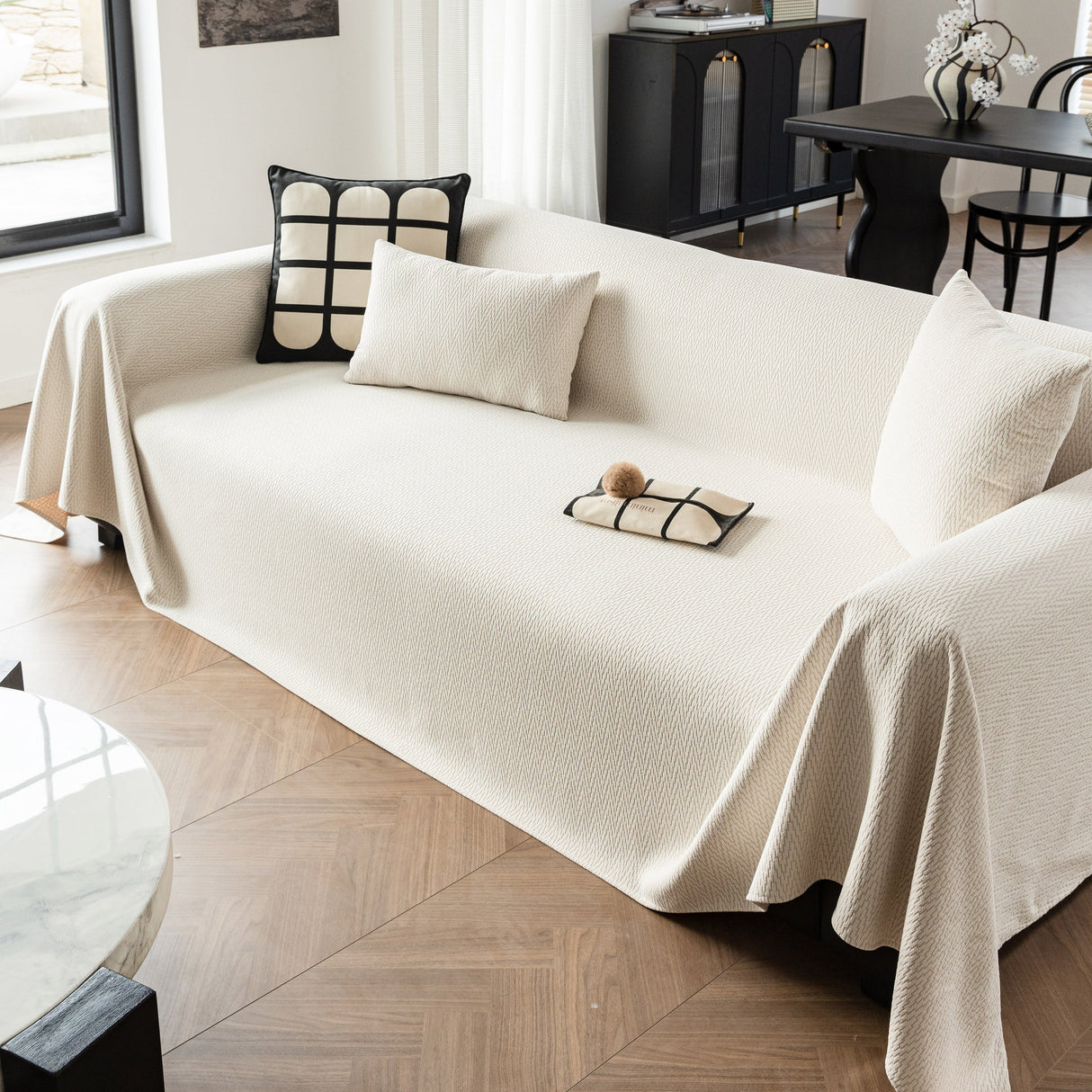 Herringbone Textured Sofa Throw Blanket, Durable Pet Friendly Modern Couch Slipcover