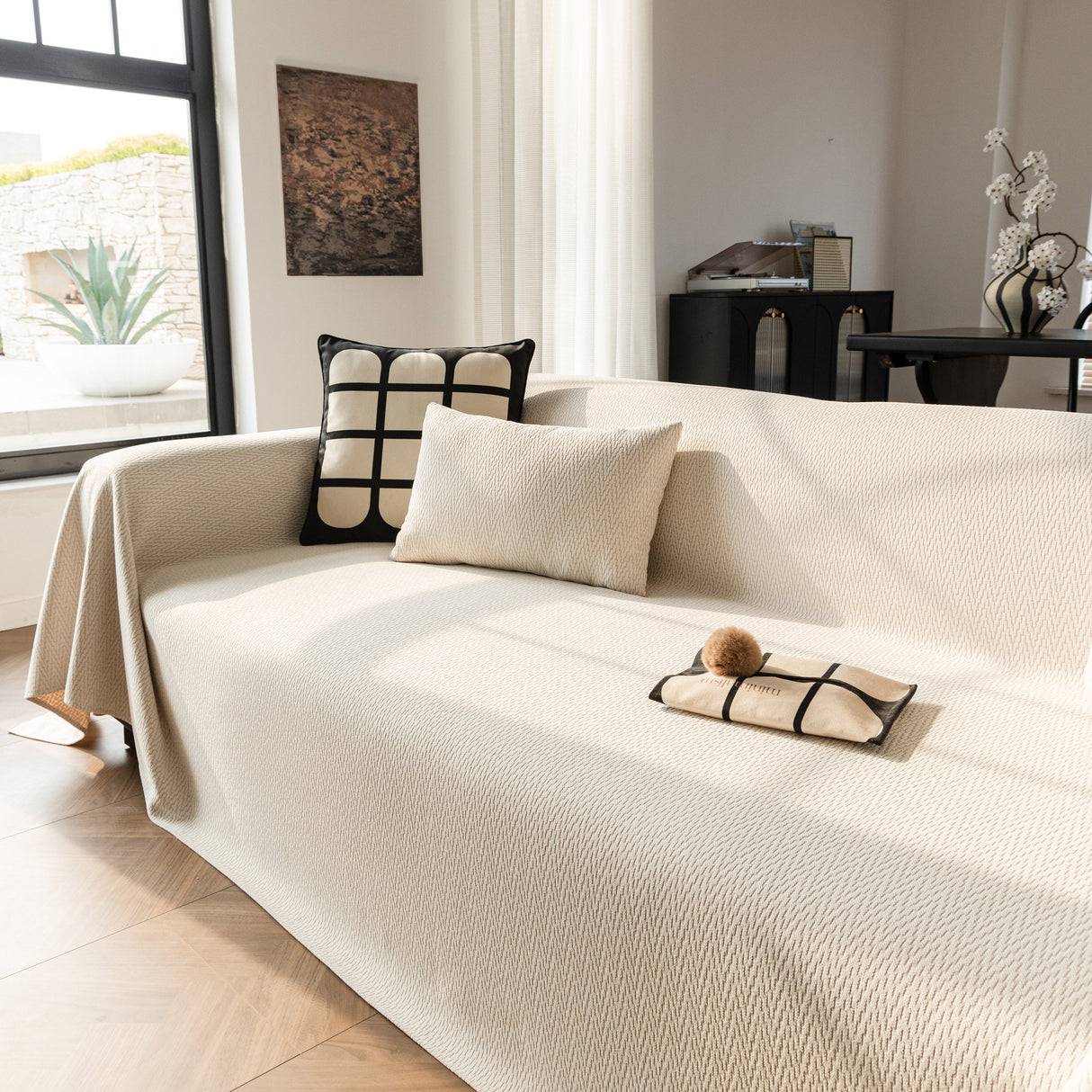 Herringbone Textured Sofa Throw Blanket, Durable Pet Friendly Modern Couch Slipcover