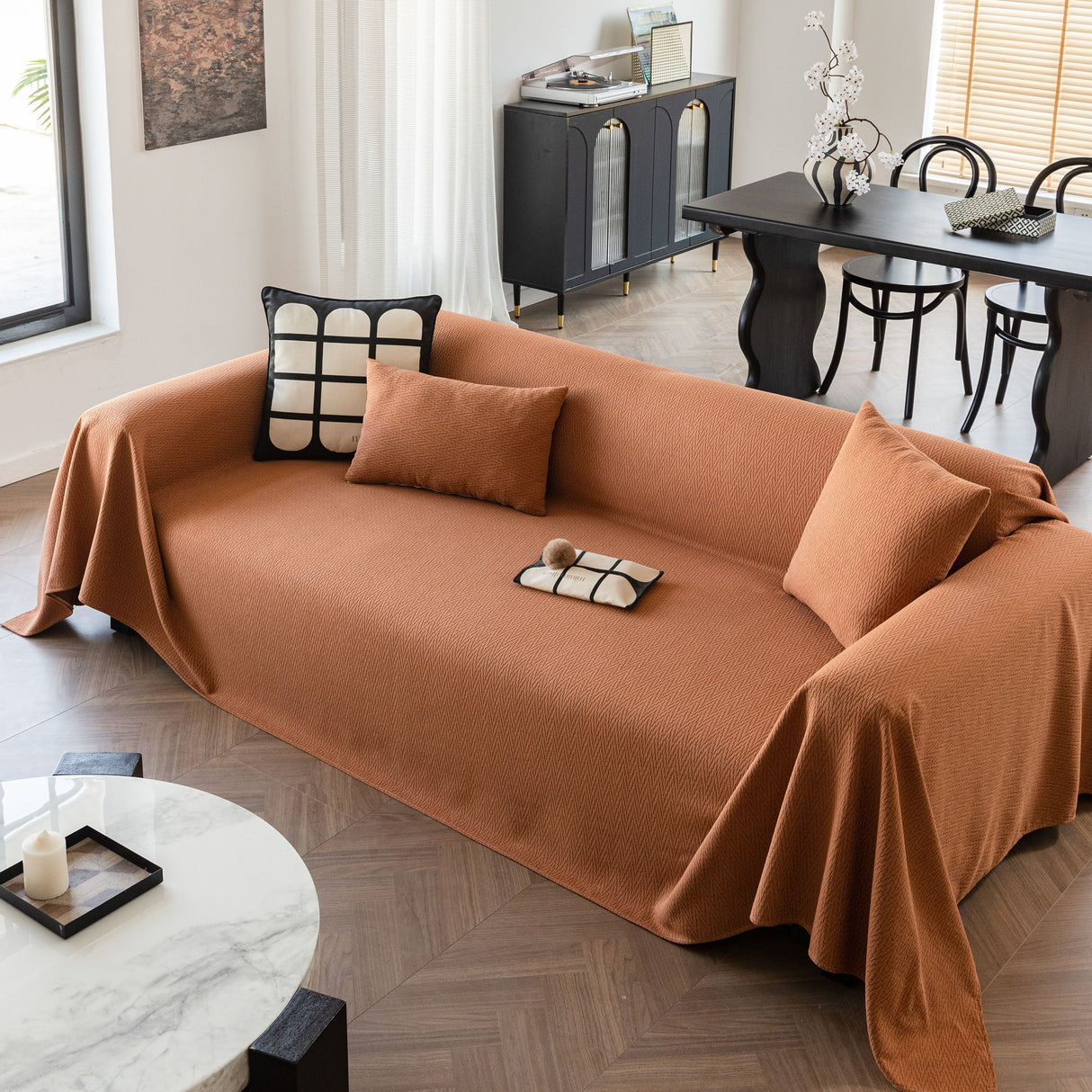 Herringbone Textured Sofa Throw Blanket, Durable Pet Friendly Modern Couch Slipcover