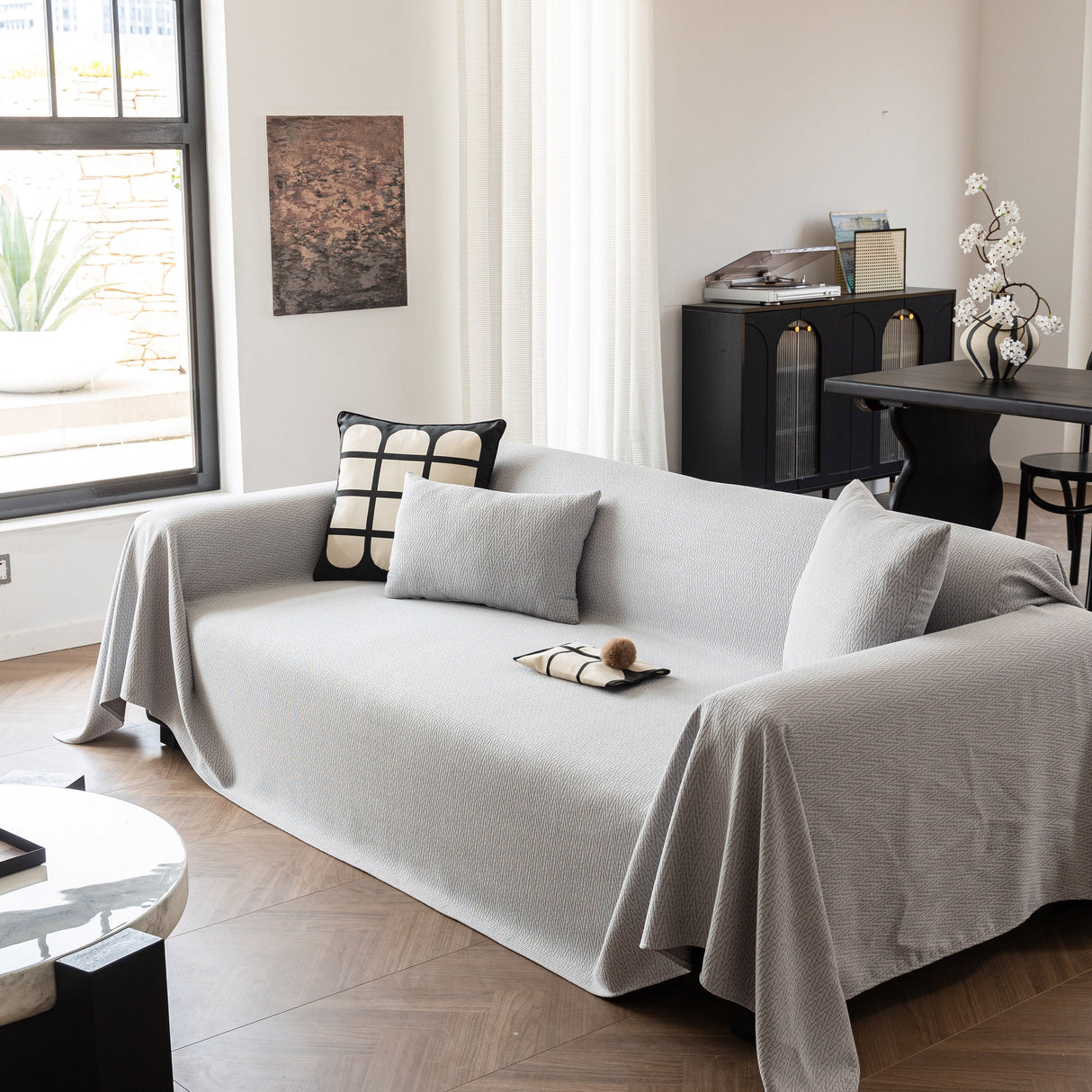 Herringbone Textured Sofa Throw Blanket, Durable Pet Friendly Modern Couch Slipcover