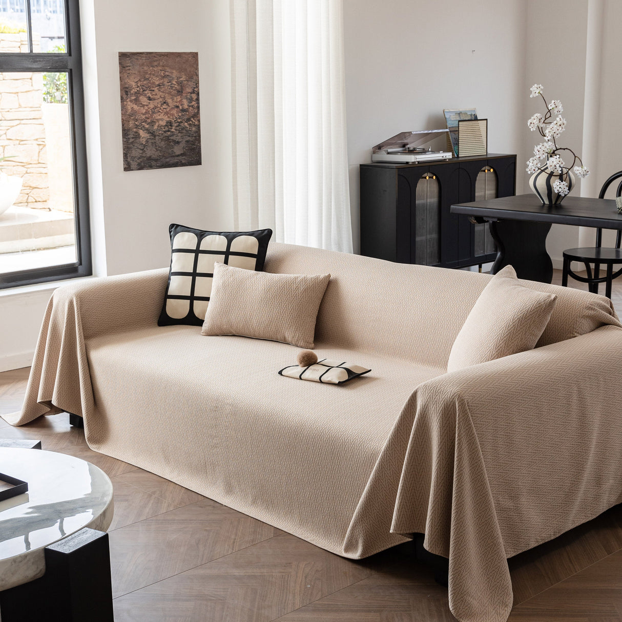 Herringbone Textured Sofa Throw Blanket, Durable Pet Friendly Modern Couch Slipcover