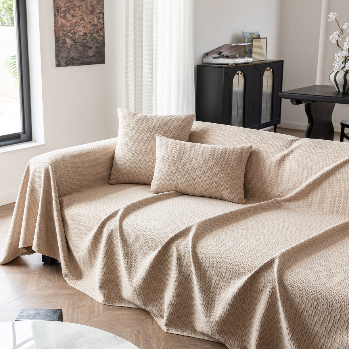 Herringbone Textured Sofa Throw Blanket, Durable Pet Friendly Modern Couch Slipcover