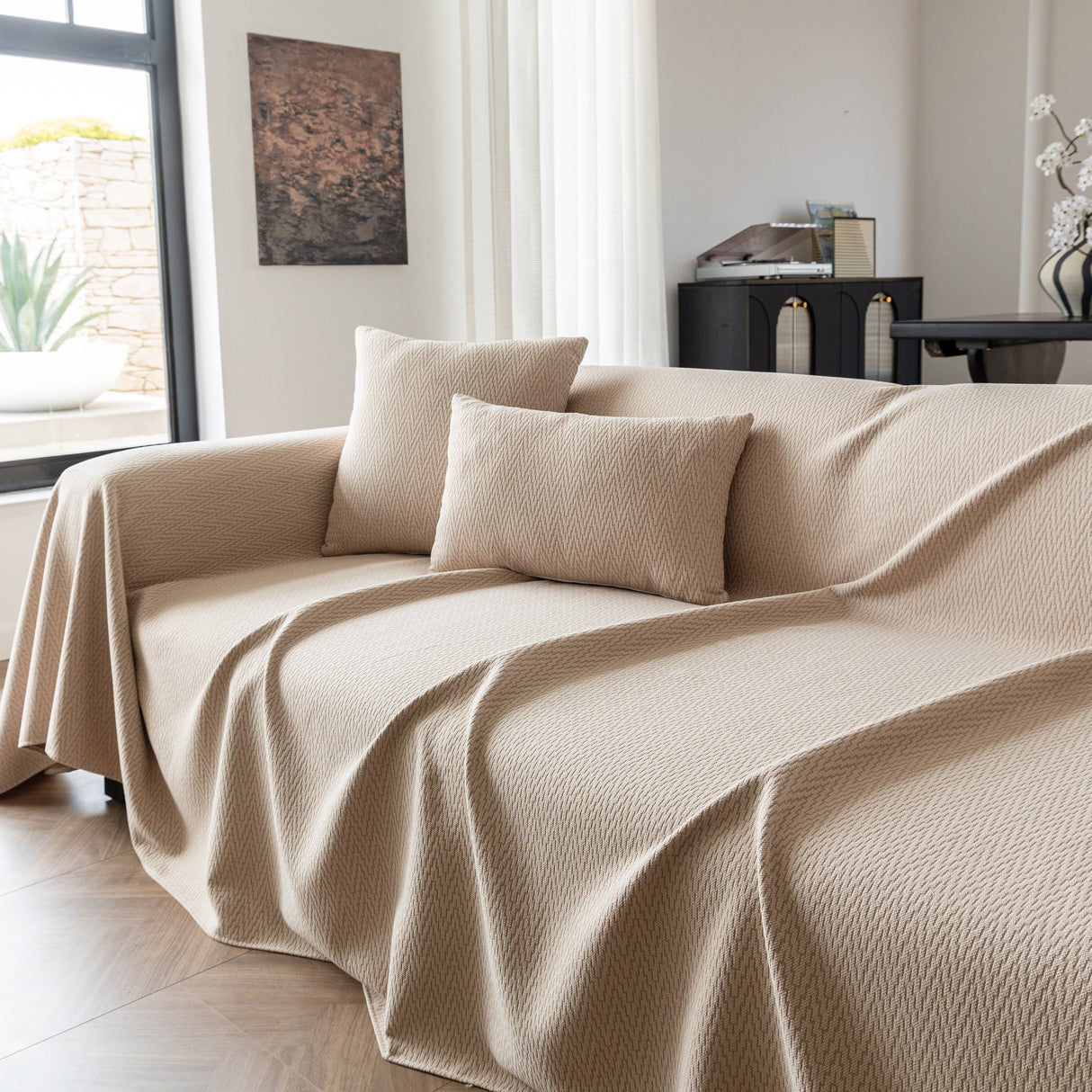 Herringbone Textured Sofa Throw Blanket, Durable Pet Friendly Modern Couch Slipcover