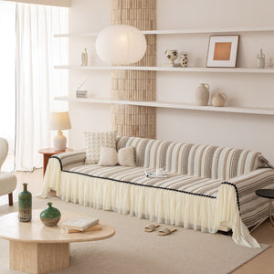 Boho Striped Couch Cover with Sheer Ruffle Skirt, Decorative Couch Throw Blanket