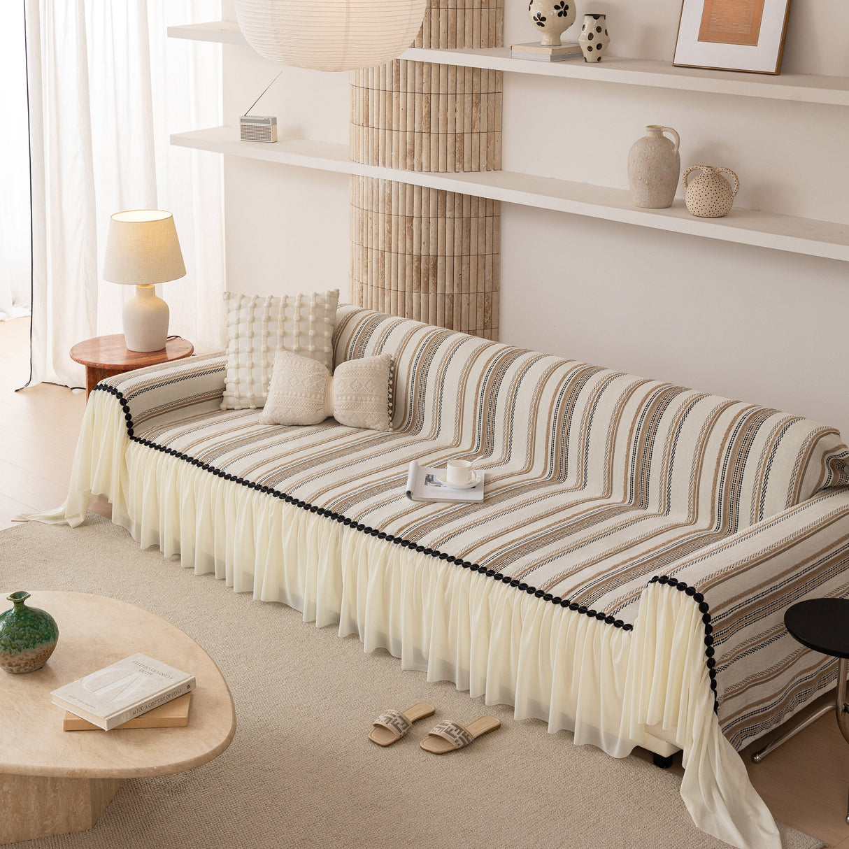 Boho Striped Couch Cover with Sheer Ruffle Skirt, Decorative Couch Throw Blanket