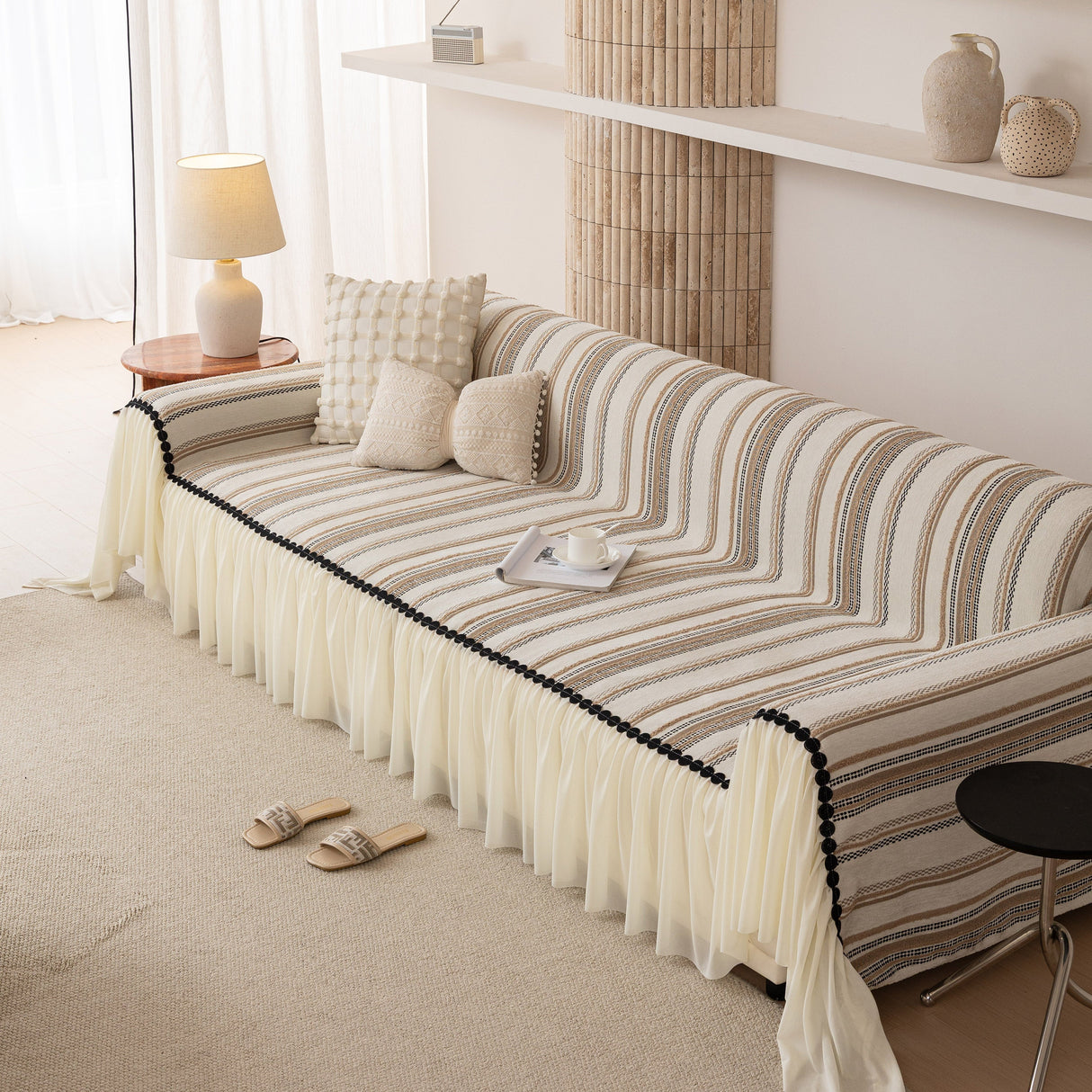 Boho Striped Couch Cover with Sheer Ruffle Skirt, Decorative Couch Throw Blanket