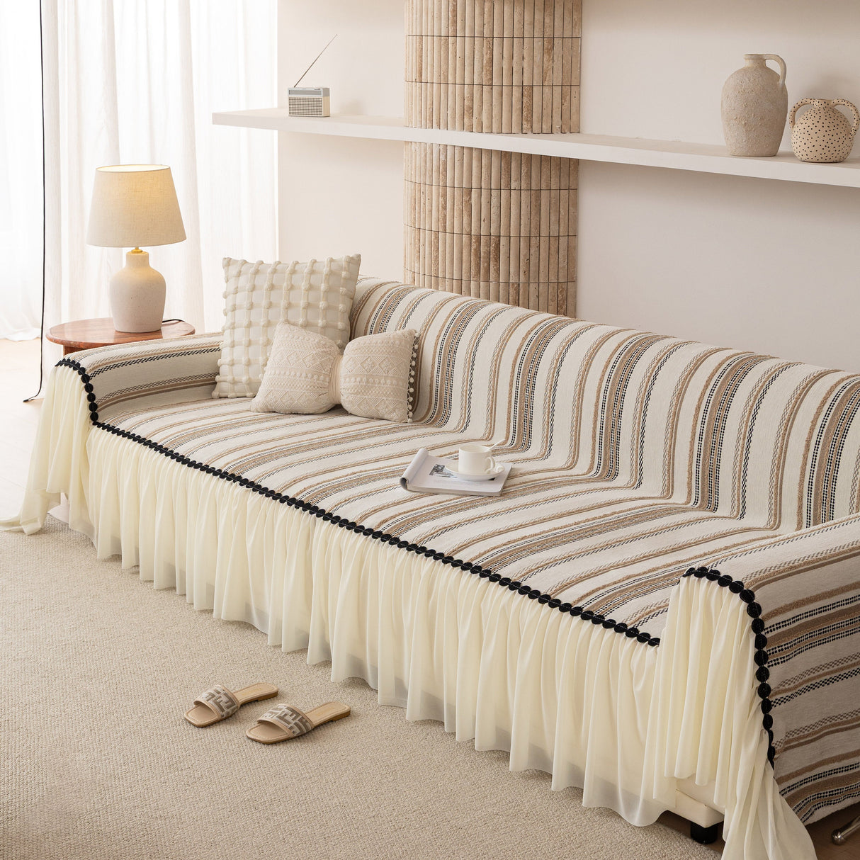 Boho Striped Couch Cover with Sheer Ruffle Skirt, Decorative Couch Throw Blanket