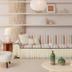 Boho Striped Couch Cover with Sheer Ruffle Skirt, Decorative Couch Throw Blanket
