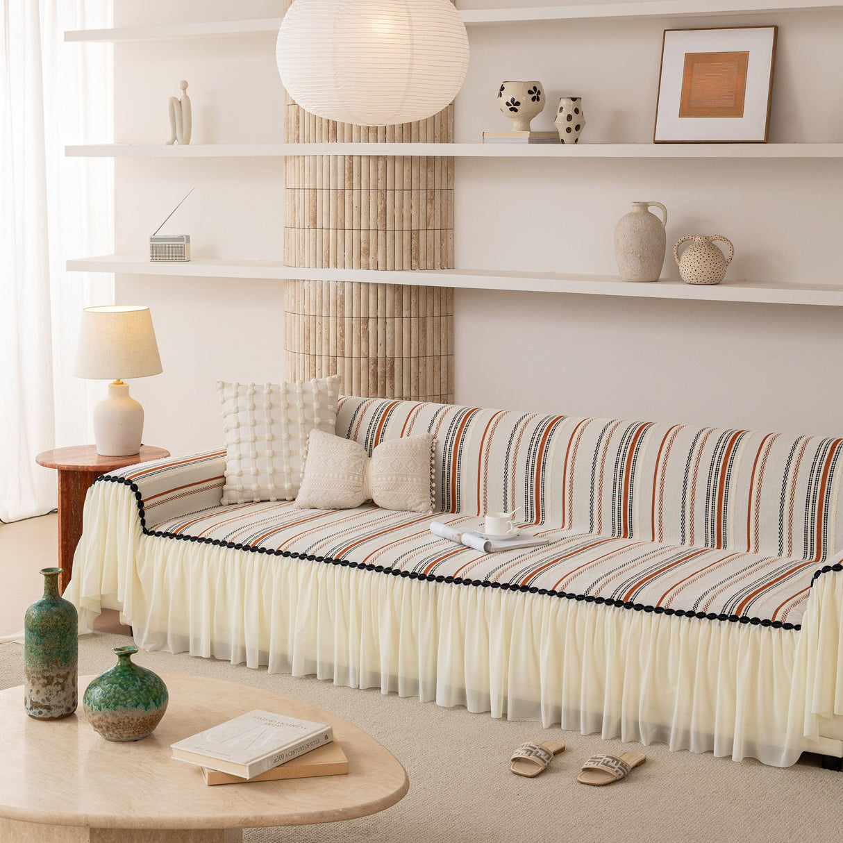 Boho Striped Couch Cover with Sheer Ruffle Skirt, Decorative Couch Throw Blanket