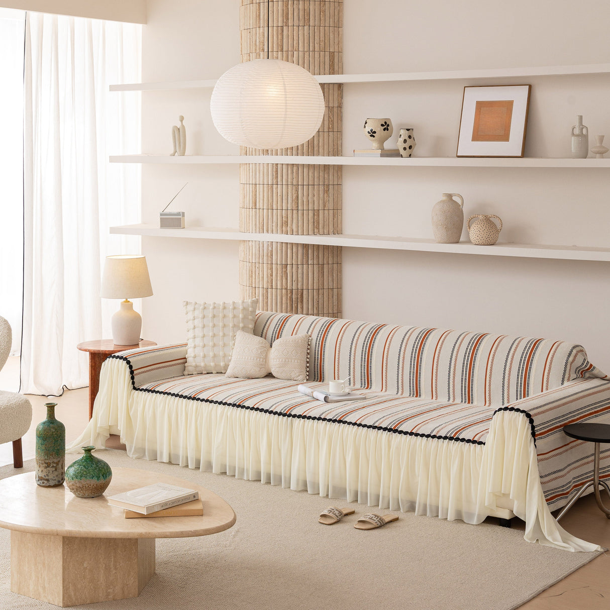 Boho Striped Couch Cover with Sheer Ruffle Skirt, Decorative Couch Throw Blanket