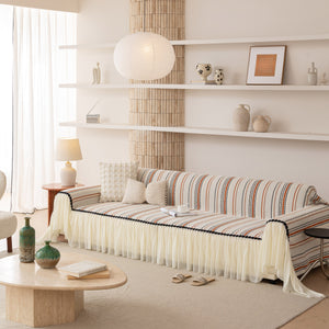 Boho Striped Couch Cover with Sheer Ruffle Skirt, Decorative Couch Throw Blanket