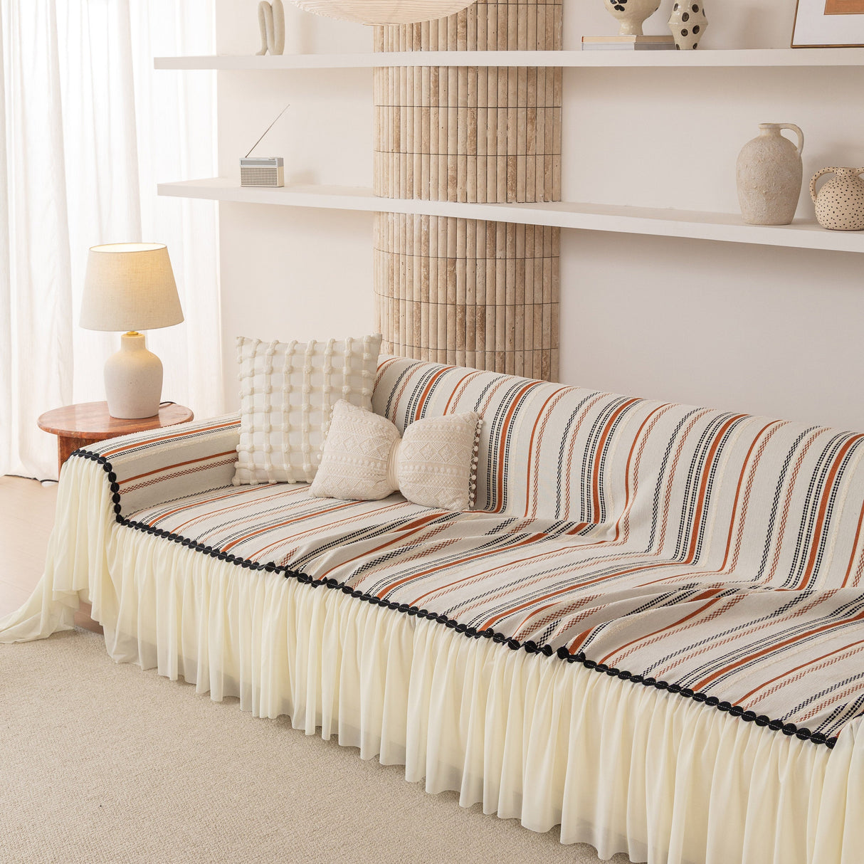 Boho Striped Couch Cover with Sheer Ruffle Skirt, Decorative Couch Throw Blanket