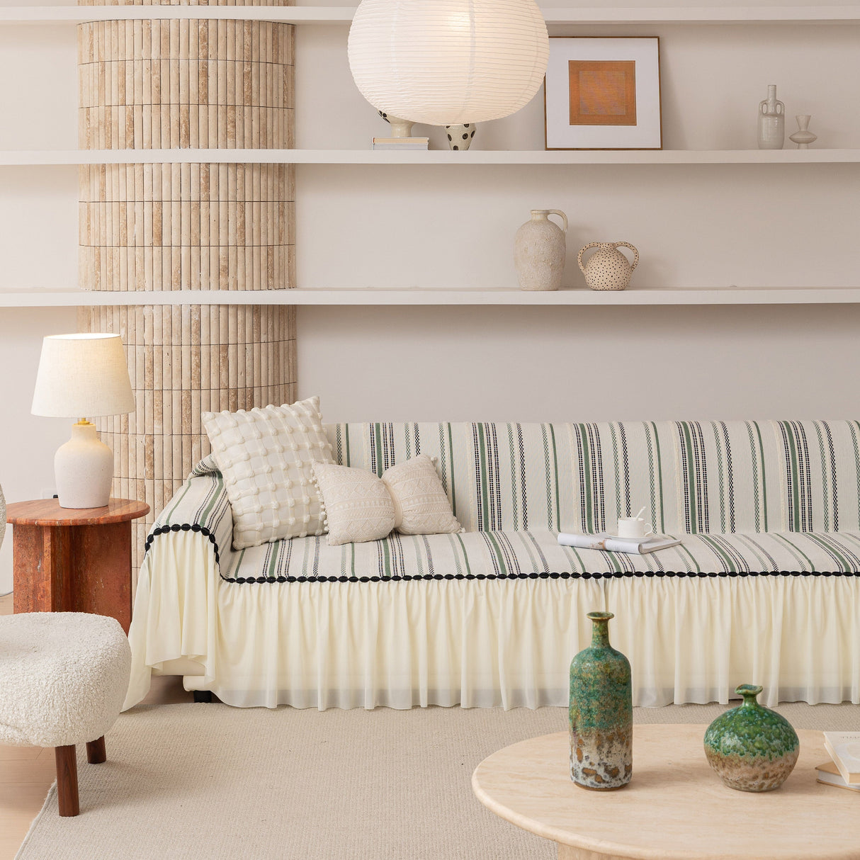 Boho Striped Couch Cover with Sheer Ruffle Skirt, Decorative Couch Throw Blanket