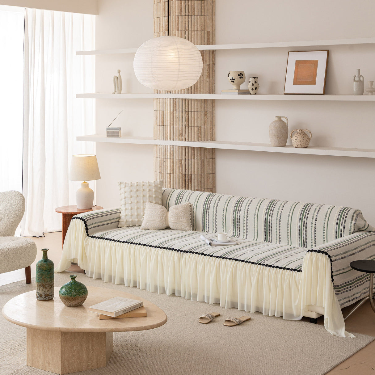 Boho Striped Couch Cover with Sheer Ruffle Skirt, Decorative Couch Throw Blanket