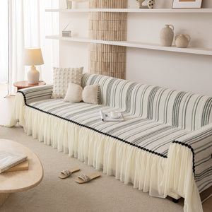 Boho Striped Couch Cover with Sheer Ruffle Skirt, Decorative Couch Throw Blanket