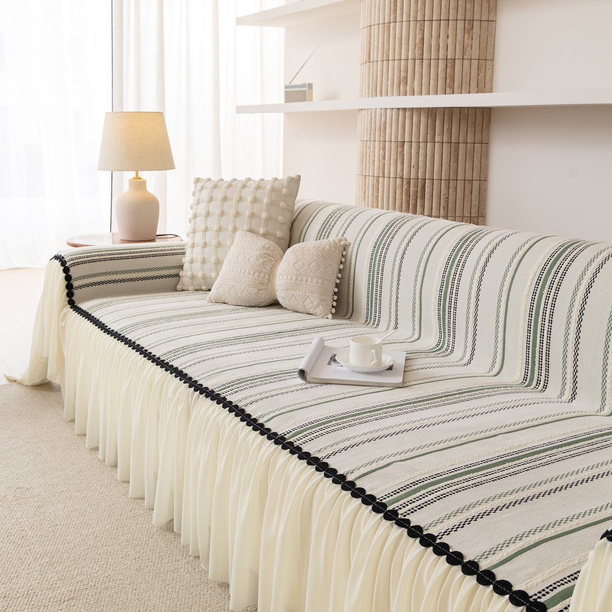 Boho Striped Couch Cover with Sheer Ruffle Skirt, Decorative Couch Throw Blanket
