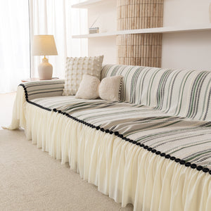 Boho Striped Couch Cover with Sheer Ruffle Skirt, Decorative Couch Throw Blanket