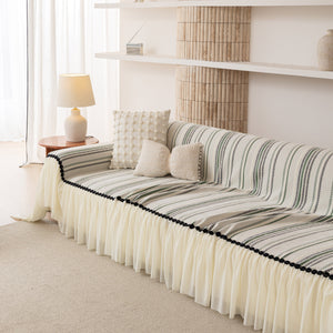 Boho Striped Couch Cover with Sheer Ruffle Skirt, Decorative Couch Throw Blanket