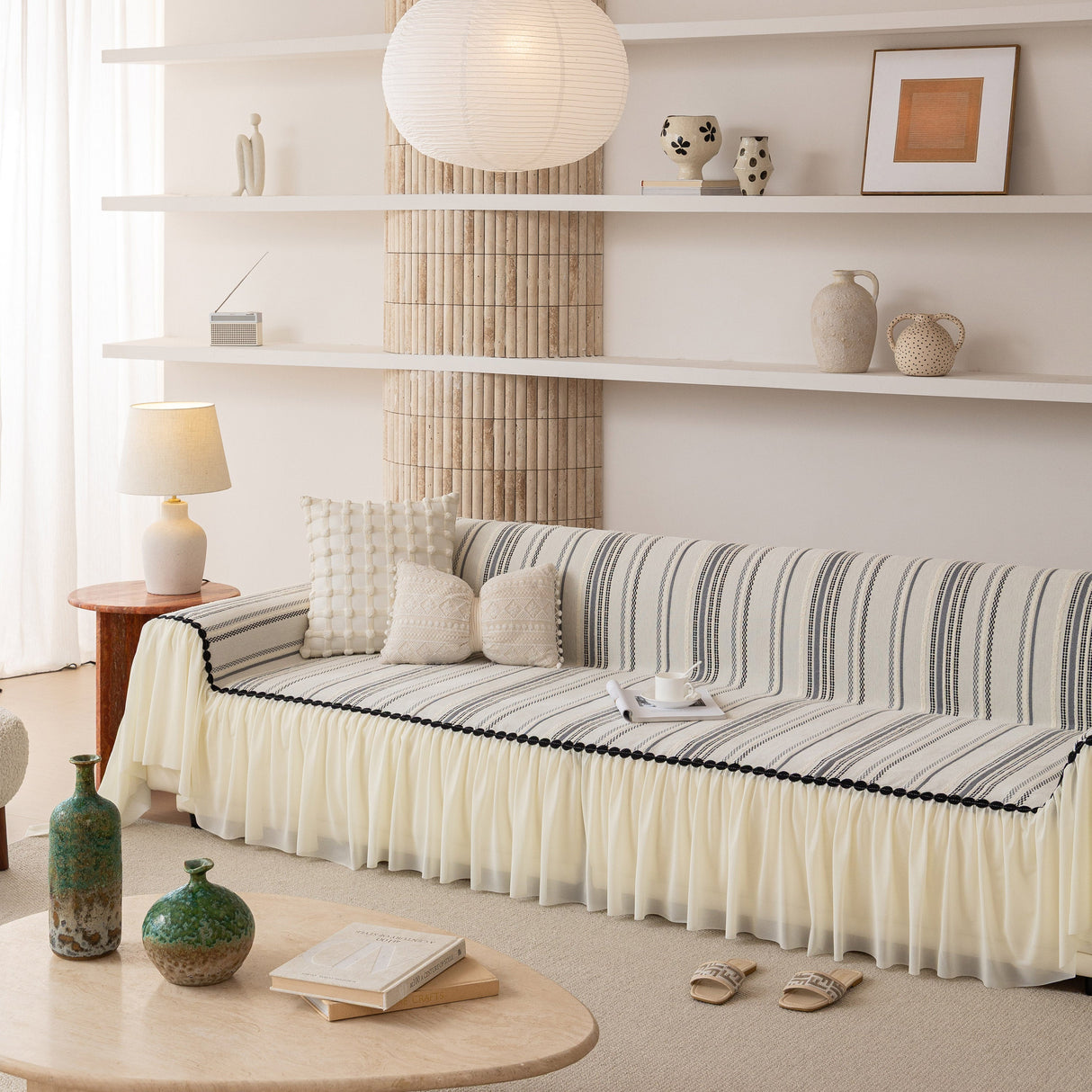 Boho Striped Couch Cover with Sheer Ruffle Skirt, Decorative Couch Throw Blanket