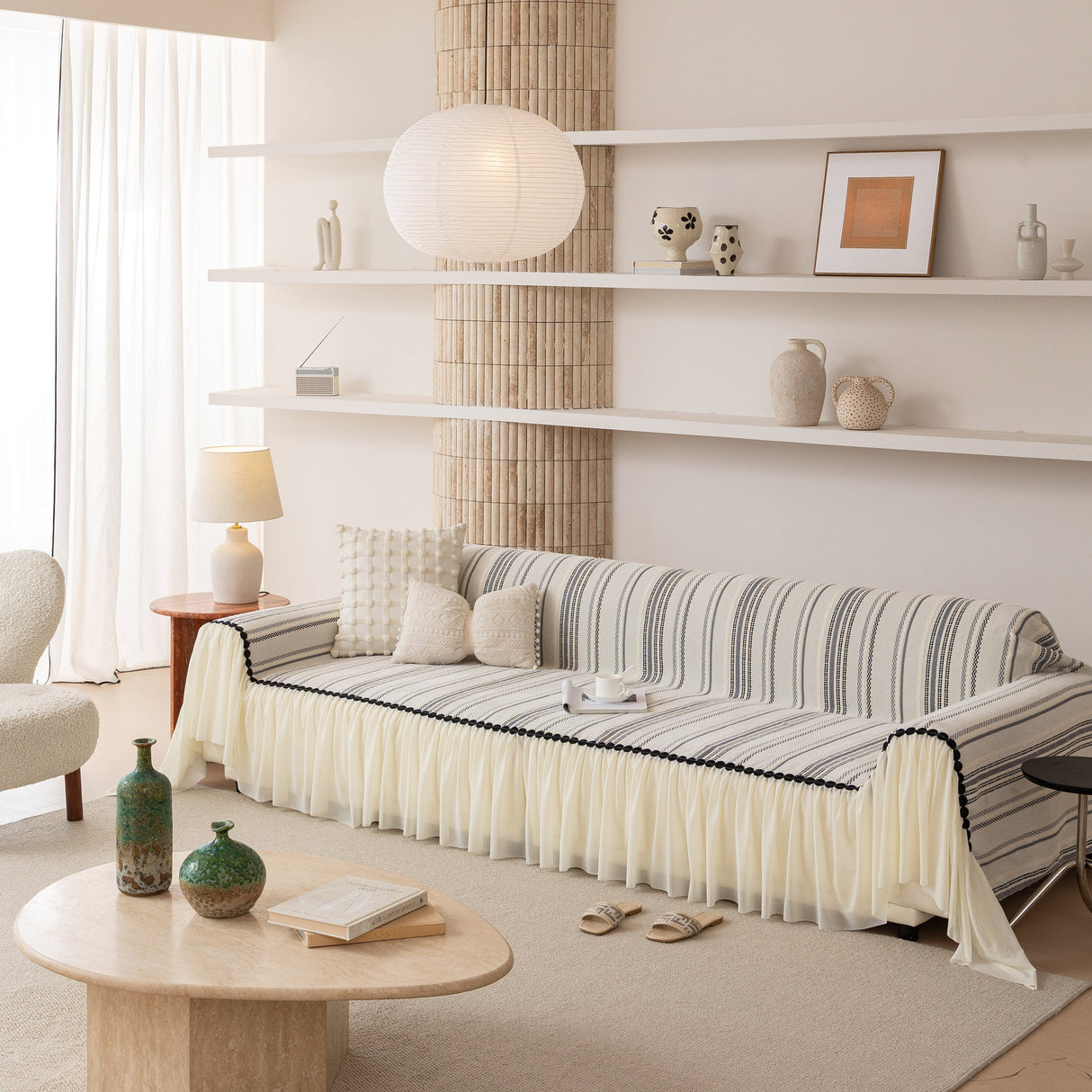 Boho Striped Couch Cover with Sheer Ruffle Skirt, Decorative Couch Throw Blanket