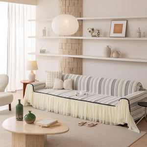 Boho Striped Couch Cover with Sheer Ruffle Skirt, Decorative Couch Throw Blanket