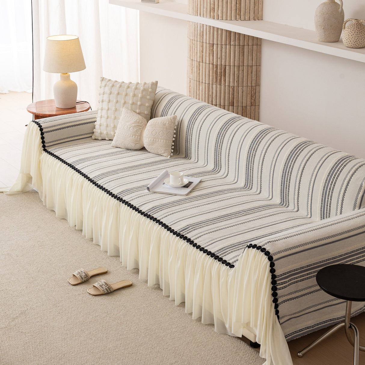 Boho Striped Couch Cover with Sheer Ruffle Skirt, Decorative Couch Throw Blanket
