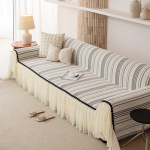 Boho Striped Couch Cover with Sheer Ruffle Skirt, Decorative Couch Throw Blanket