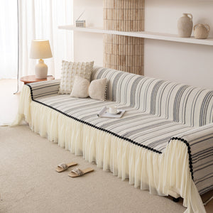 Boho Striped Couch Cover with Sheer Ruffle Skirt, Decorative Couch Throw Blanket