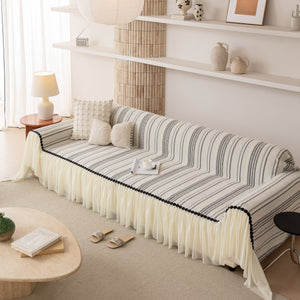 Boho Striped Couch Cover with Sheer Ruffle Skirt, Decorative Couch Throw Blanket