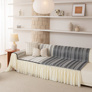 Boho Striped Couch Cover with Sheer Ruffle Skirt, Decorative Couch Throw Blanket