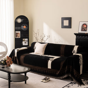 Jacquard Floral Band Sofa Cover with Tassels, Thick Textured Couch Throw Blanket