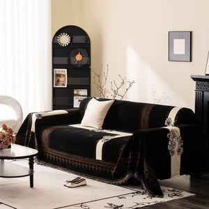 Jacquard Floral Band Sofa Cover with Tassels, Thick Textured Couch Throw Blanket